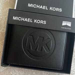 Brand New Michael Kors Genuine Leather Jet Set Mens Black Slim Bifold Wallet
